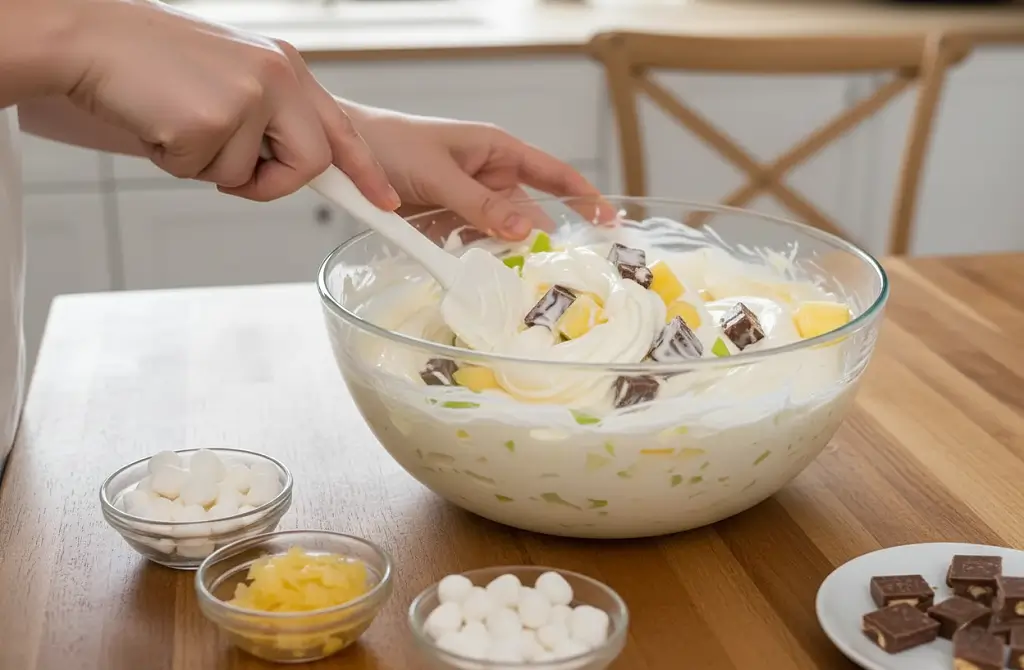 Apple Snicker Salad Recipe (Quick, Easy & Crowd Favorite) 5 mixing-pudding-apples-snickers