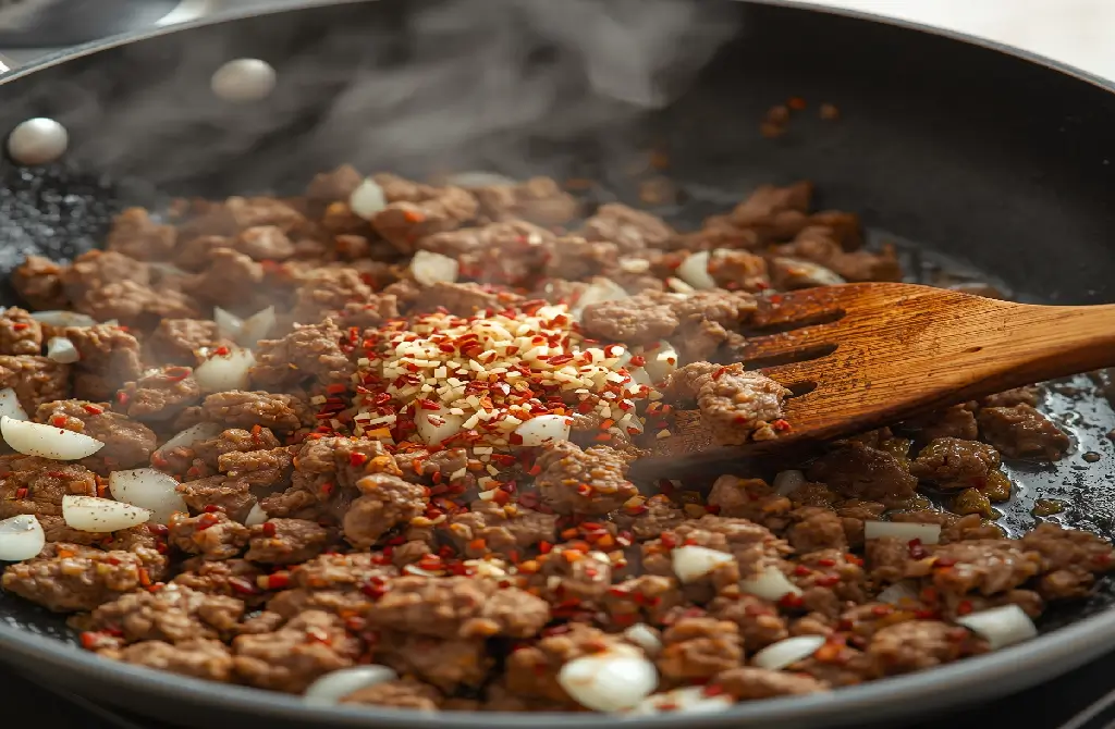 20-Minutes Delicious Easy Ground Beef Recipe for Busy Nights 4 Adding-Onion-and-minced-garlic-in-beef