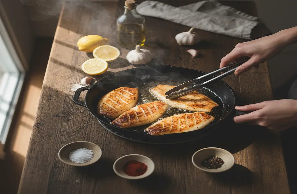 Pan-Seared-Calamari-Steaks-on-Wooden-Counter