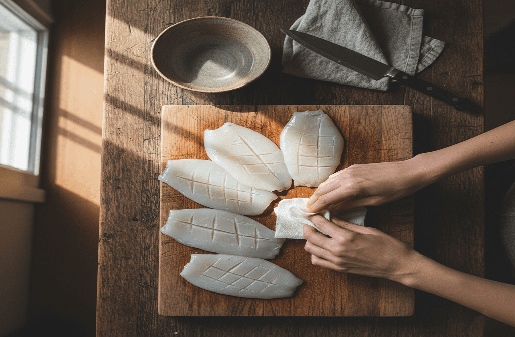 Patting-Dry-Calamari-Steaks-Before-Cooking