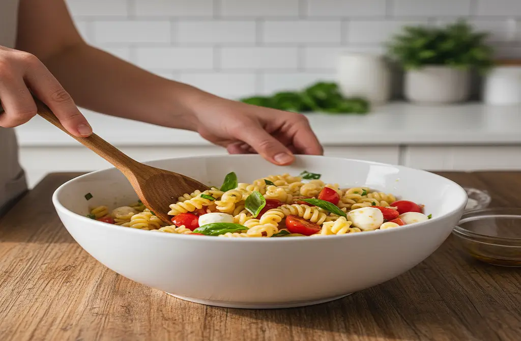 Tossing-pasta-with-mozzarella-tomatoes-and-basil-Step-3